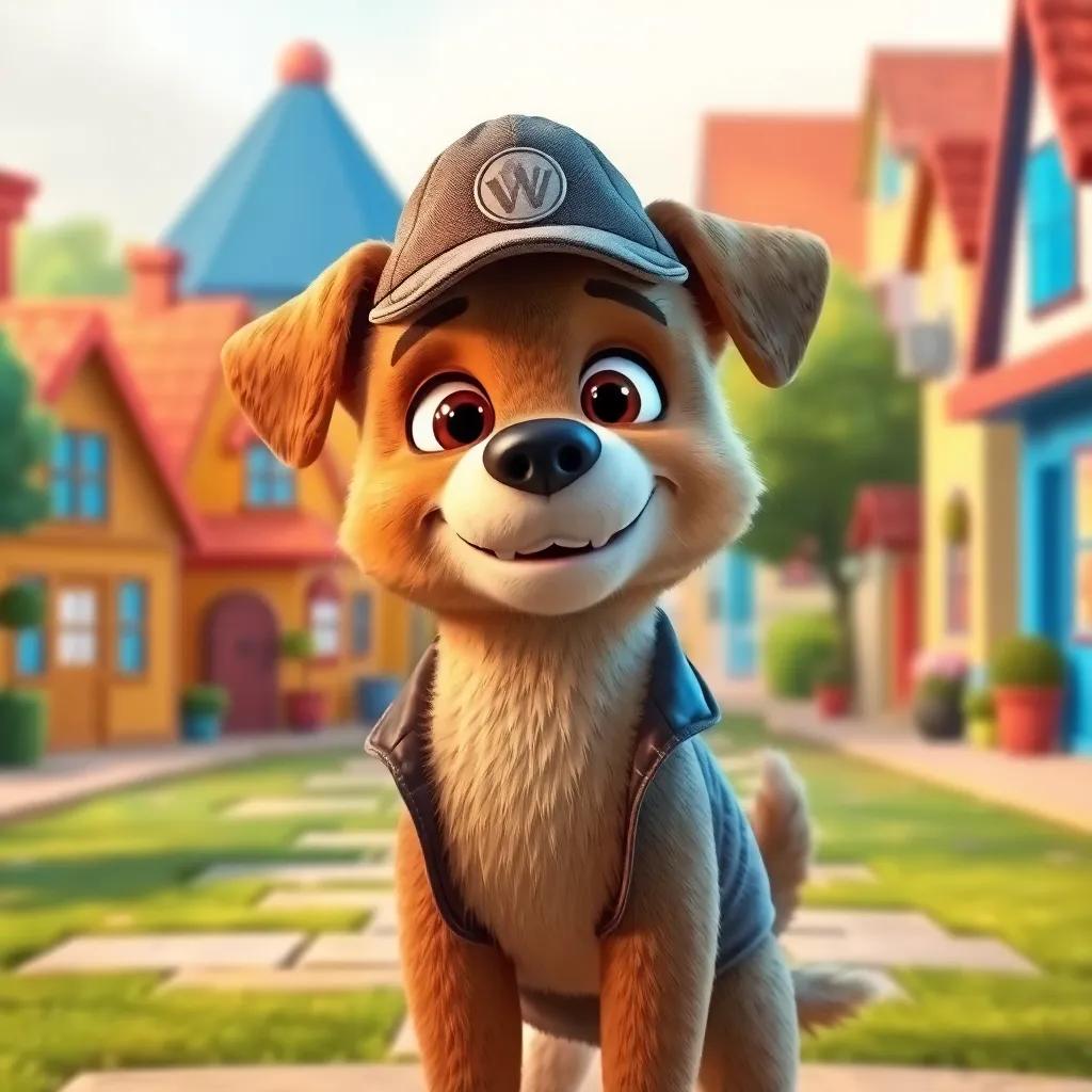 A clever brown dog named Detective Paws, with a shiny coat and a detective hat, standing in a sunny little town with colorful houses, digital art, bright colors, playful atmosphere, high quality