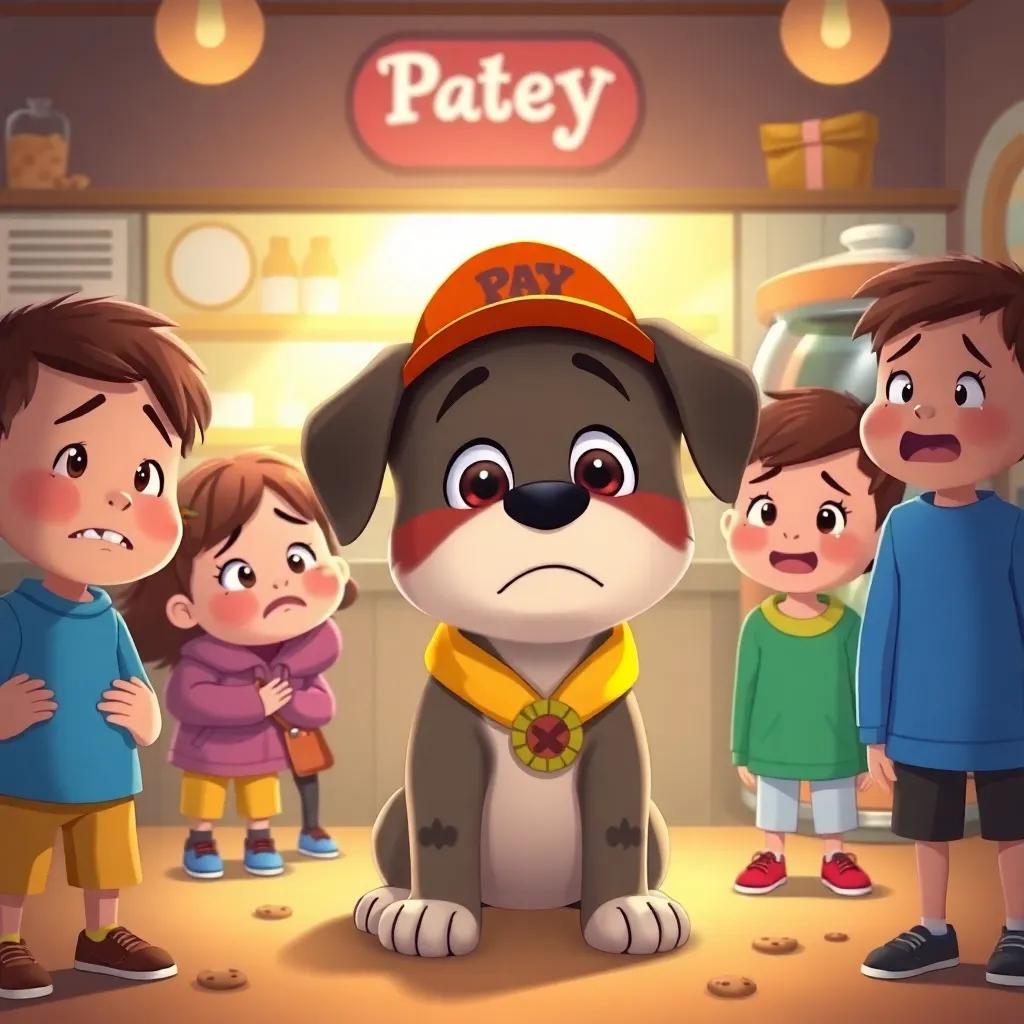 Detective Paws, the dog, looking sad surrounded by crying children, with a bakery in the background and a cookie jar empty, colorful illustration, warm light, empathy, heartwarming