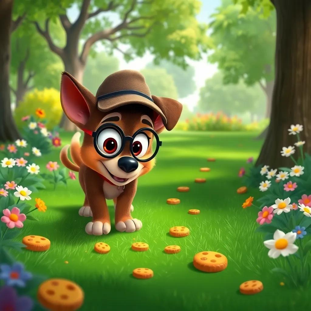 Detective Paws with his nose to the ground, following a trail of cookie crumbs in a green park, with flowers and trees around, cheerful colors, adventure-themed, inviting imagery