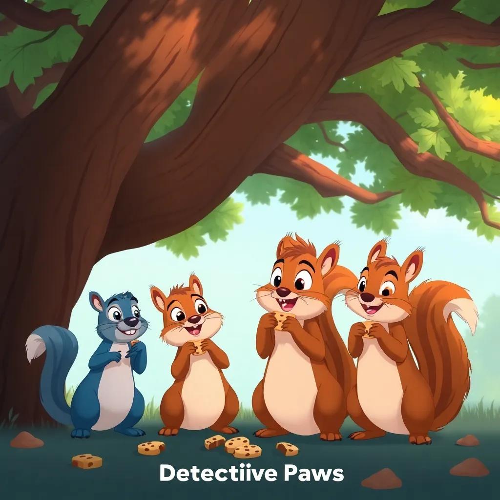 A group of playful squirrels under a tall oak tree, nibbling on cookie pieces, looking surprised at Detective Paws, vibrant, playful illustration, focus on friendship