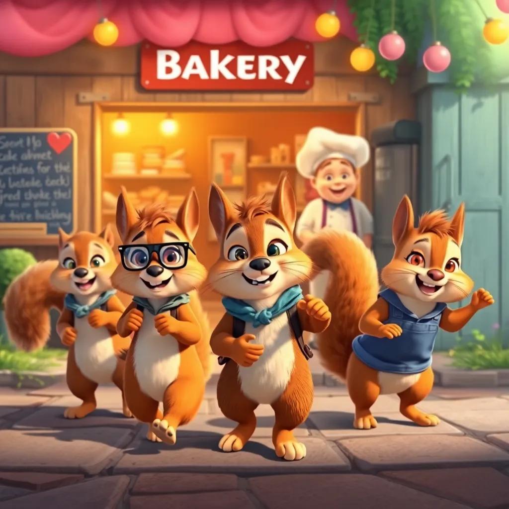 Detective Paws leading the cheerful squirrels back to the bakery, with the baker joyfully waiting to make cookies, bright and colorful scene, heartwarming, community spirit