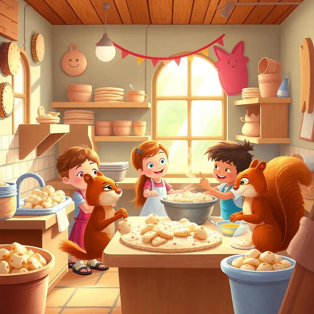 A cozy bakery filled with the smell of fresh cookies, kids and squirrels helping to mix dough, colorful and inviting atmosphere, playful illustration, joyful activity
