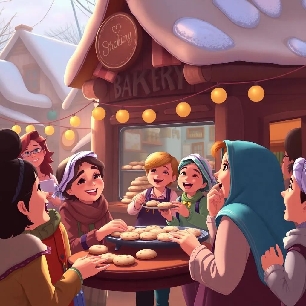 The townsfolk gathered around the bakery, excitedly waiting for cookies, with smiles and laughter in the air, rich colors, community joy, festive setting