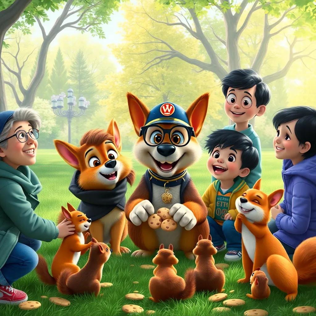 Detective Paws sharing cookies with kids and squirrels in the park, everyone smiling and laughing, beautiful greenery, heartwarming scene, lively