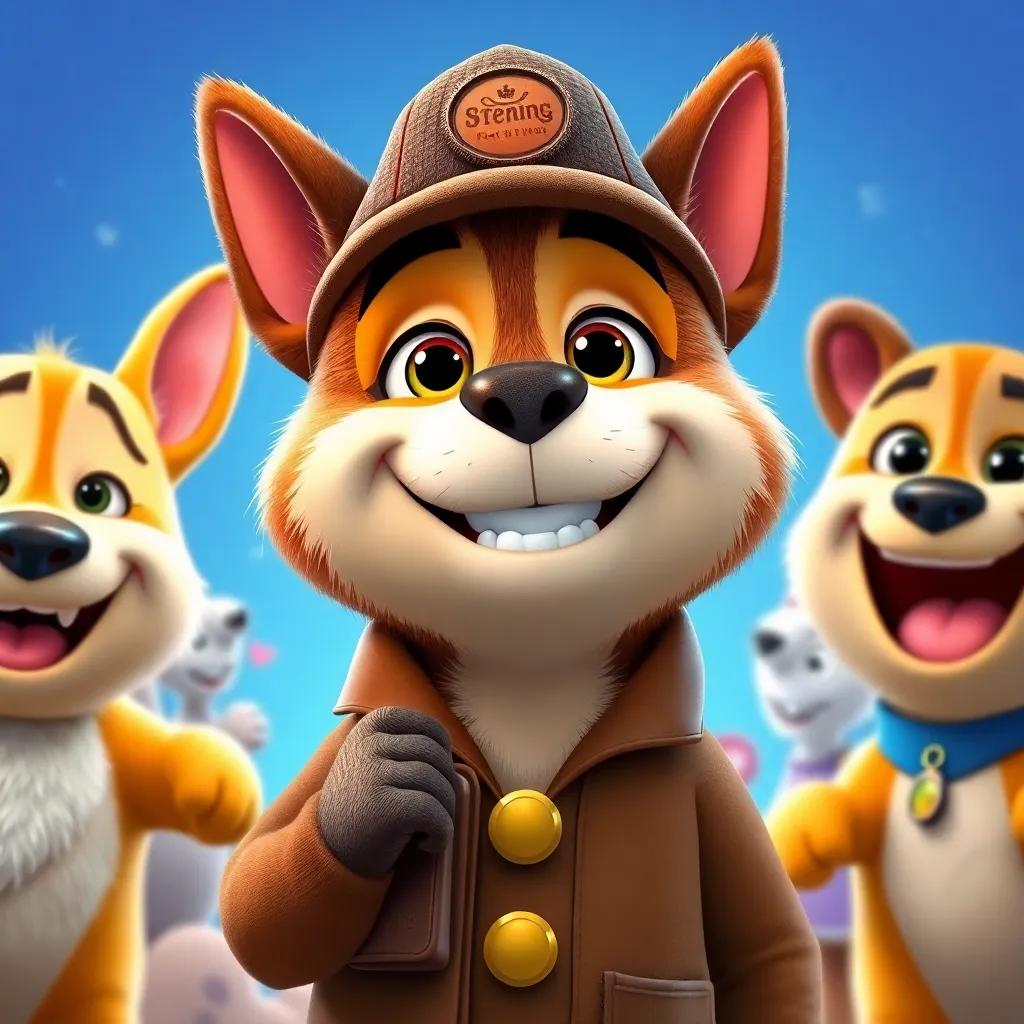 Detective Paws with a big smile, reminding everyone that sharing is caring, surrounded by happy friends, bright and colorful, uplifting imagery