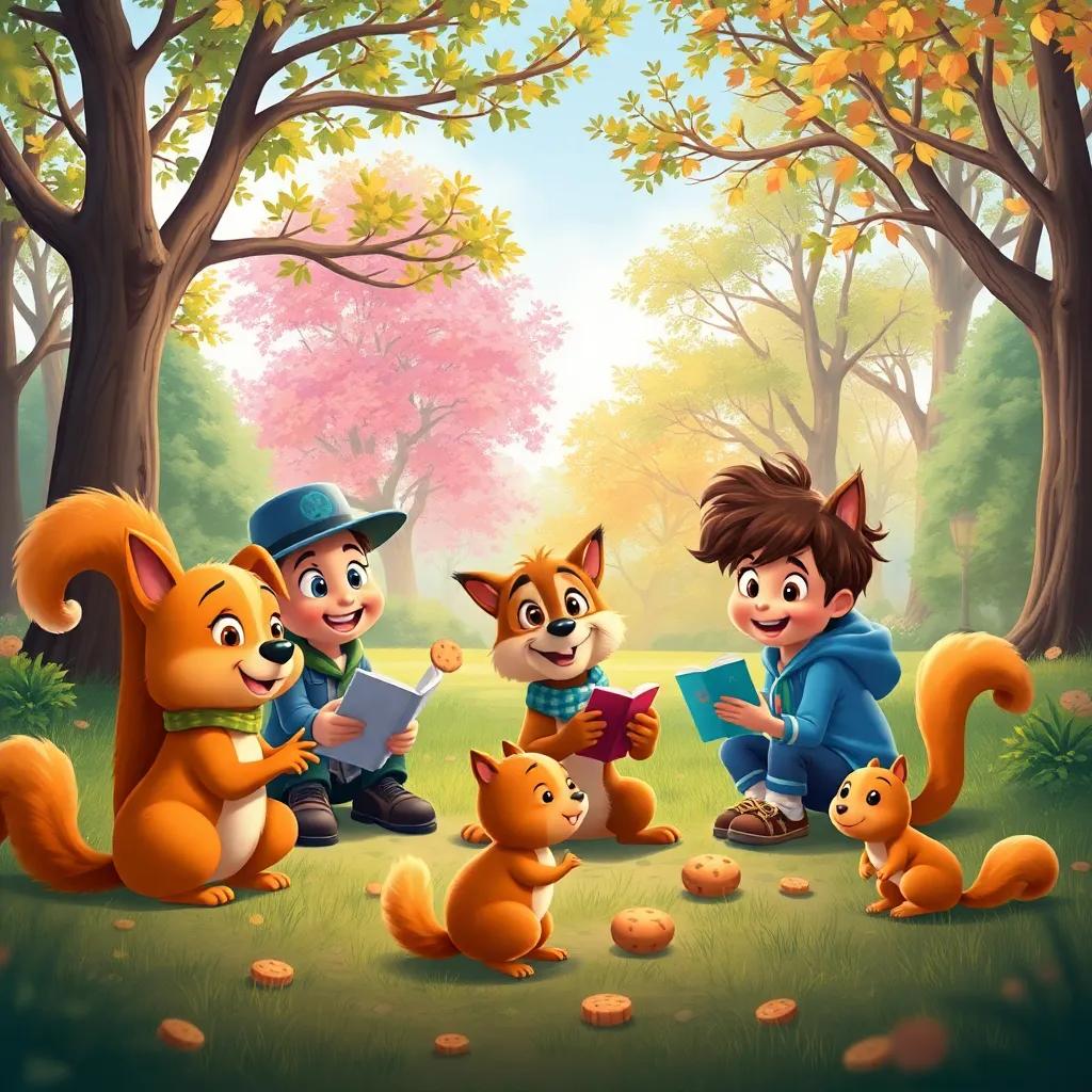 A warm and inviting scene of the park with Detective Paws, kids, and squirrels playing together, sharing cookies and stories, vibrant colors, cheerful atmosphere