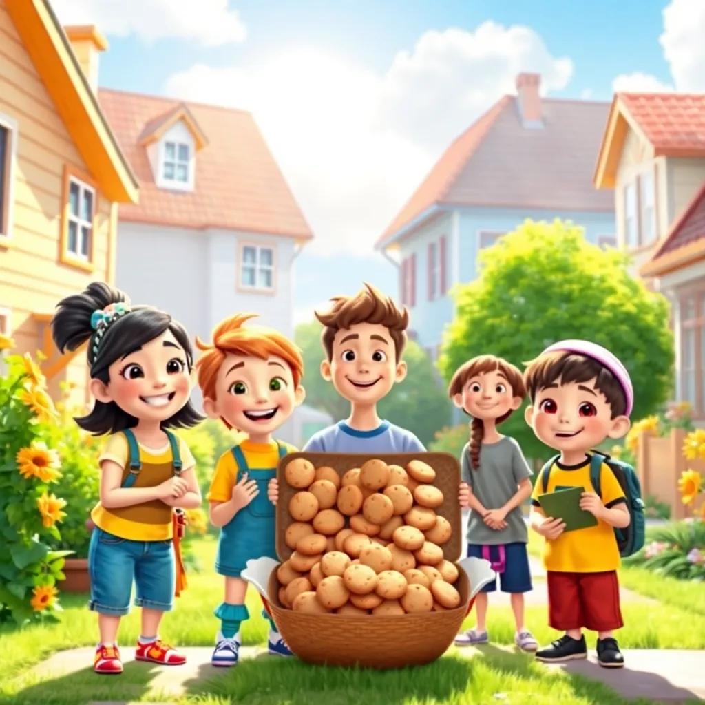 A sunny neighborhood with four friends, Mia, Jake, Lily and Sam, smiling and holding a big batch of cookies, bright colors, cheerful atmosphere, high quality
