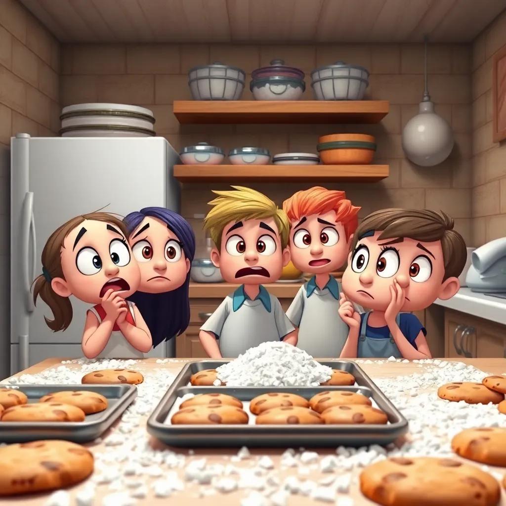 A worried group of friends looking around a cookie-filled kitchen, with cookie trays and flour all over, fun and playful scene, engaging details, high quality