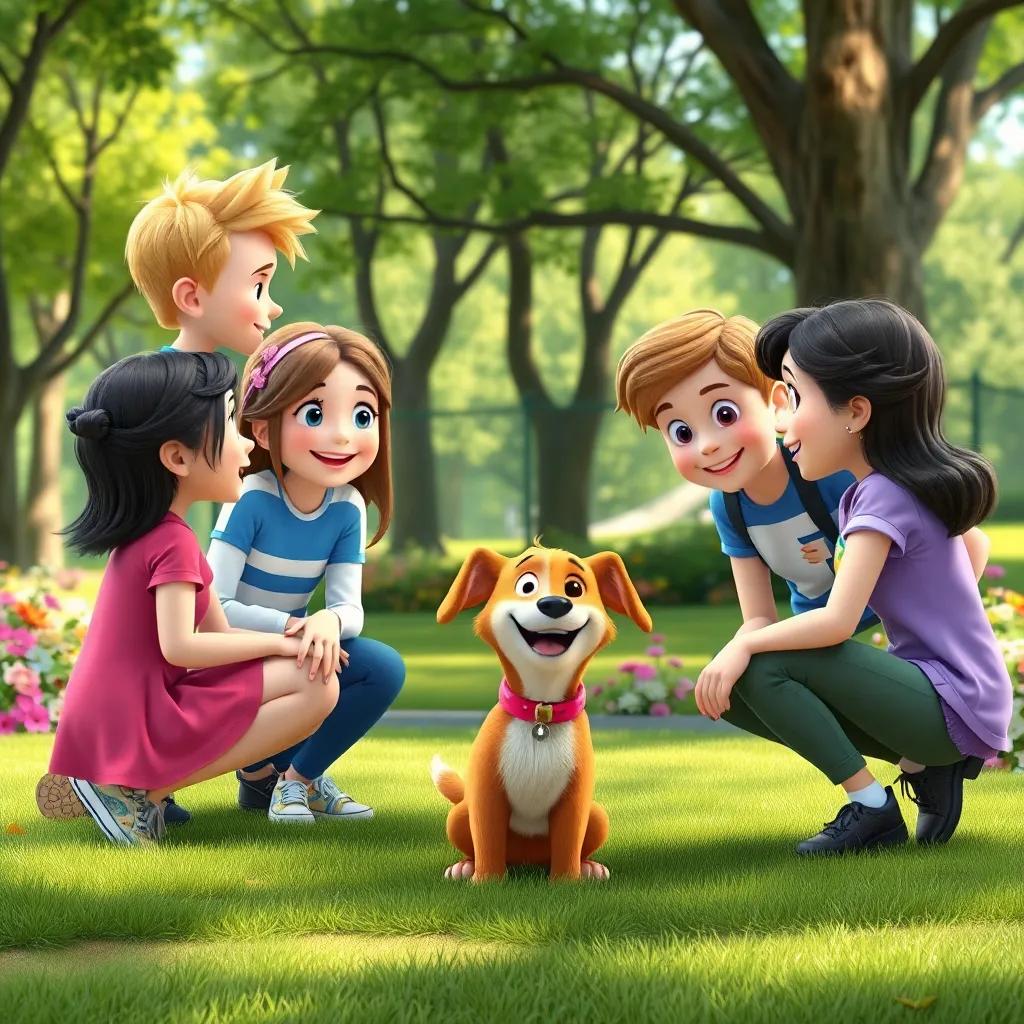The friends in the park asking a cute dog, Tom, about the cookies, with trees and flowers in the background, lively and fun, clear and bright colors, high quality