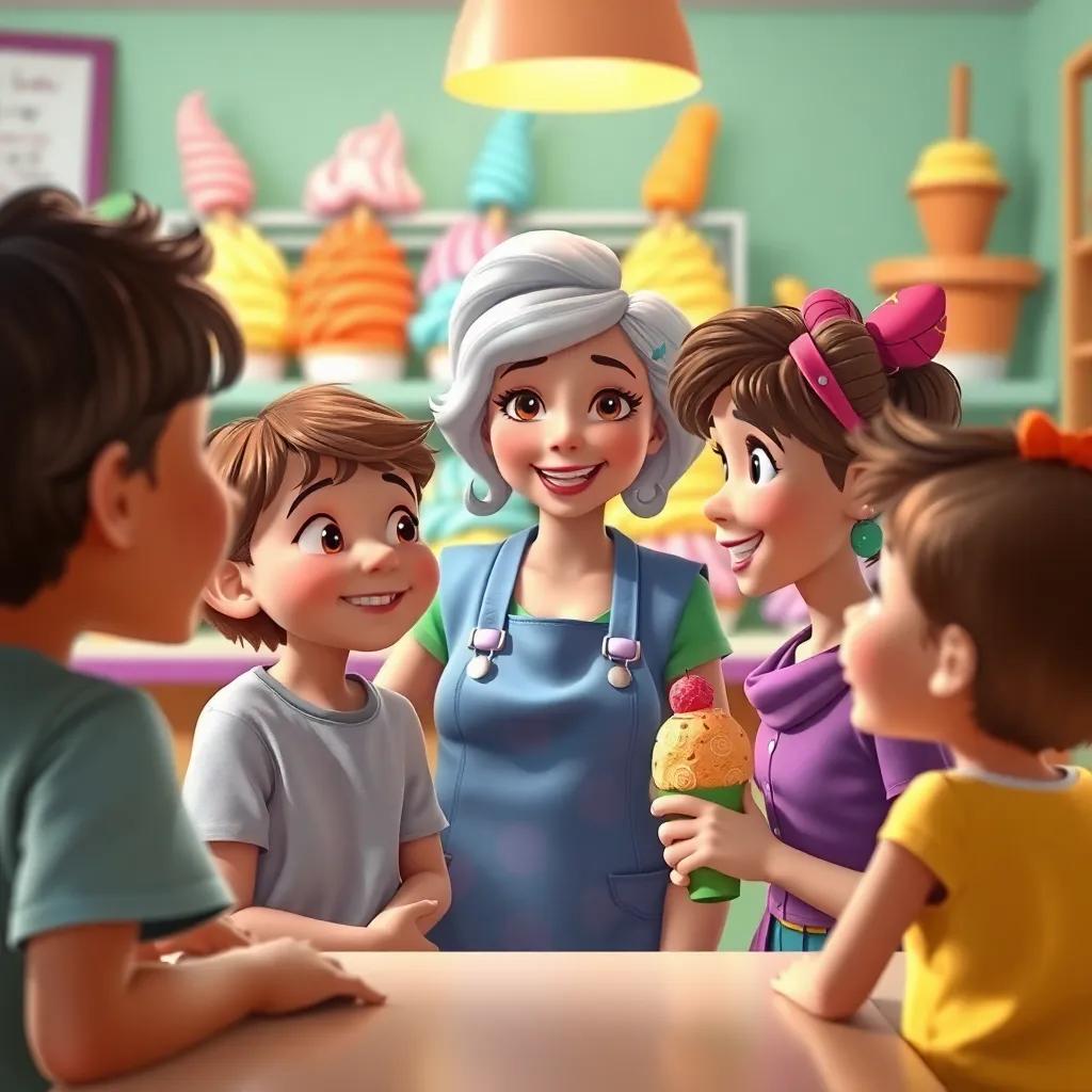 The kids at an ice cream shop talking to Ms. Flora, cheerful and colorful ice cream behind her, happy expressions, inviting atmosphere, high quality