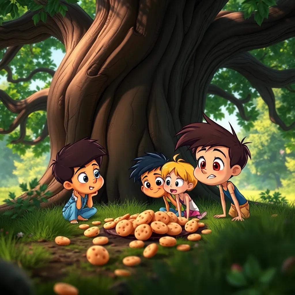 Under a big oak tree, the friends discovering cookie crumbs with puzzled faces, surrounded by nature, vibrant colors, detailed and sharp focus, high quality