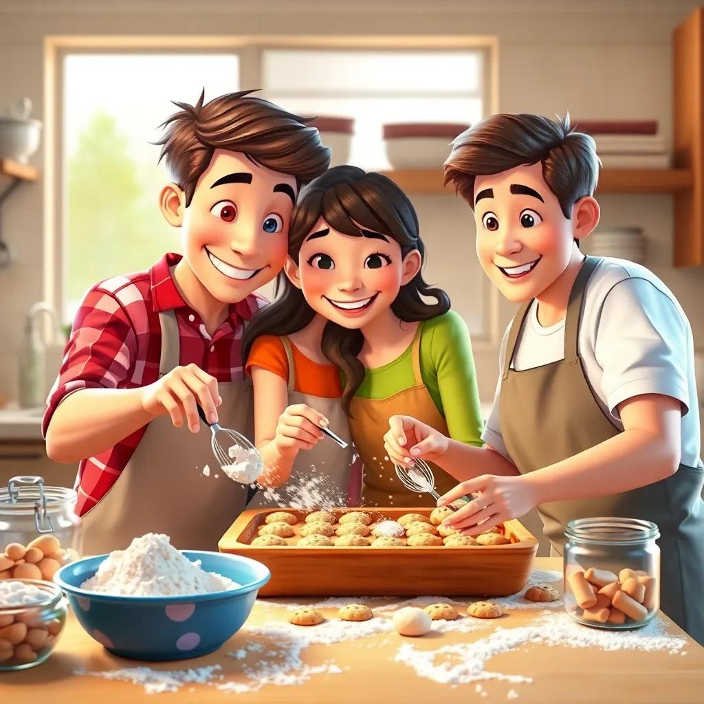 The friends mixing ingredients together to bake cookies, with flour and smiles everywhere, homey kitchen scene, warmth and fun, high quality