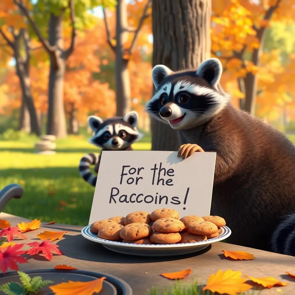 Placing a big plate of cookies near the trees, with a sign that says 'For the Raccoons!', bright and colorful outdoors, joyful atmosphere, high quality