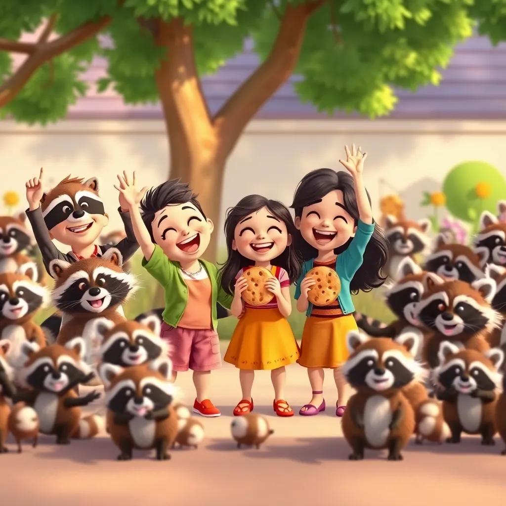 The friends cheering together with their cookies, surrounded by happy raccoons, a beautiful day in the neighborhood, joyful and lively, high quality