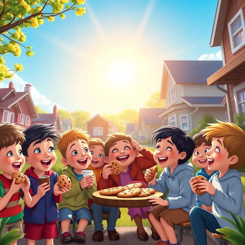 The neighborhood filled with kids enjoying cookies together, laughter and joy all around, sunlight beaming, colorful and cheerful scene, high quality