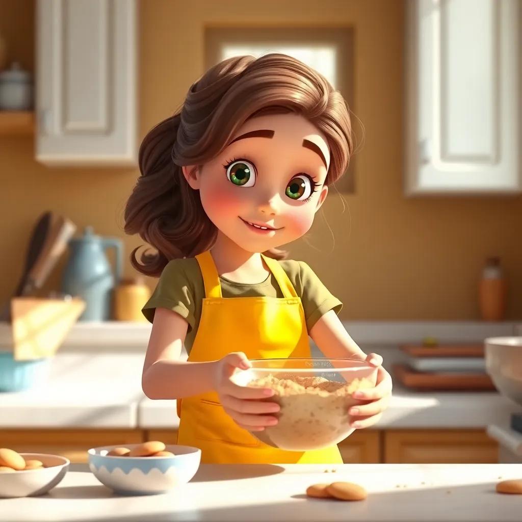 Sara, a young girl with wavy brown hair, wearing a bright yellow apron, standing in a sunny kitchen, mixing cookie ingredients in a bowl, digital art, warm colors, cozy atmosphere, high quality