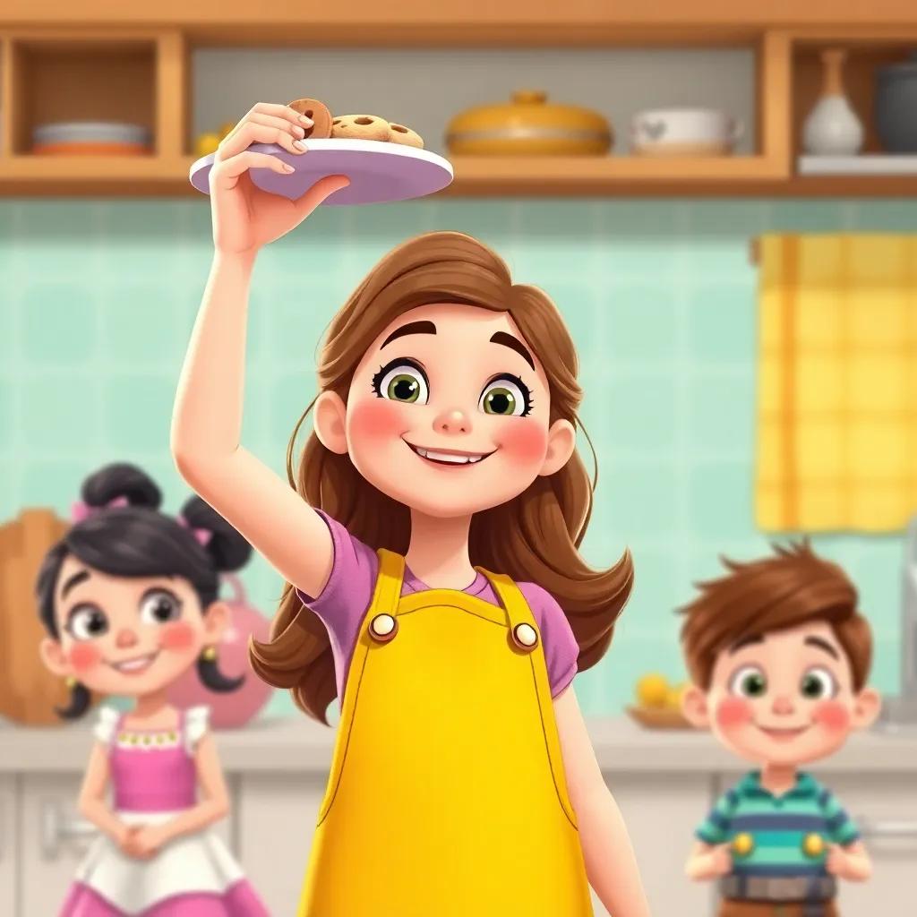 Sara, a young girl with wavy brown hair, wearing a bright yellow apron, lifting a plate of cookies with a big smile, her friends Mia and Leo beside her, cheerful kitchen background, illustration, fun and inviting, child-friendly