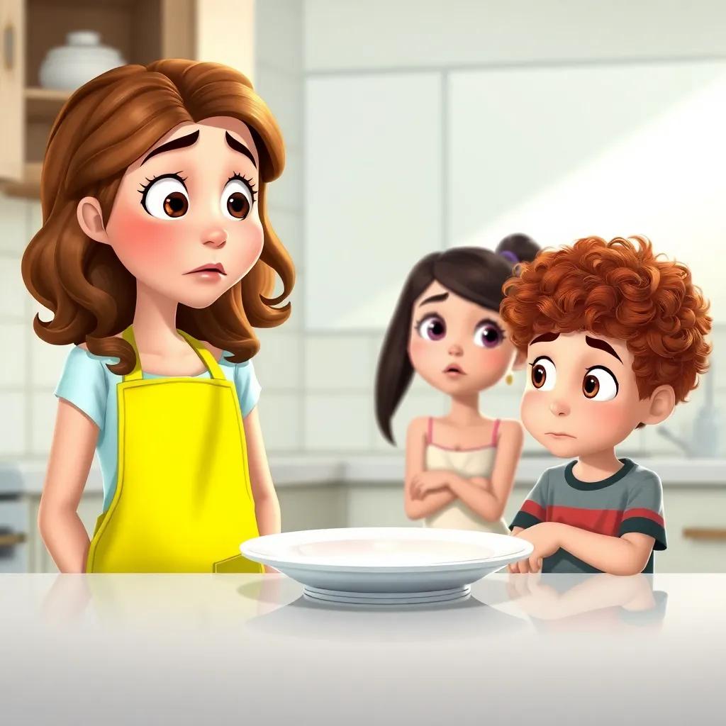 Sara, a young girl with wavy brown hair, wearing a bright yellow apron, looking surprised at the empty plate, Mia, a young girl with straight black hair in a ponytail and Leo, a boy with curly red hair, with curious expressions, bright kitchen, detailed art, engaging scene