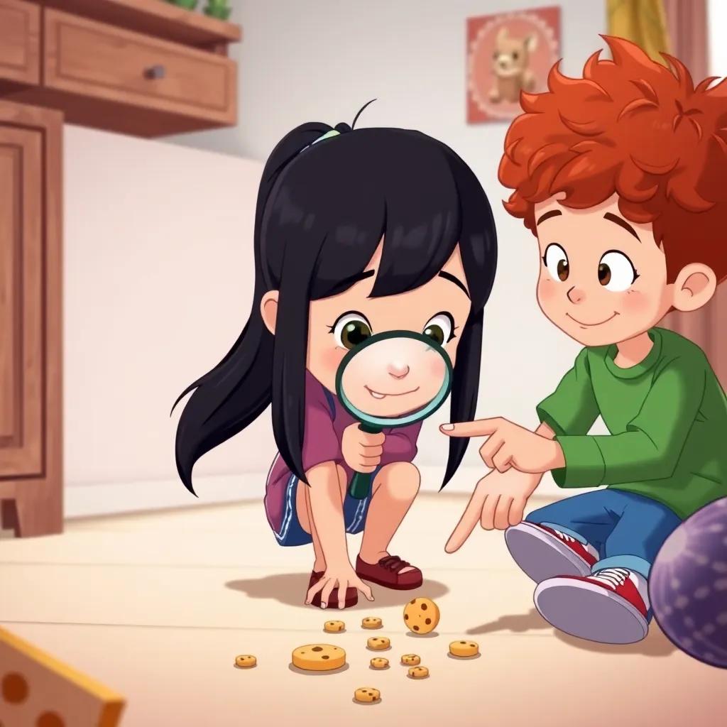 Mia, a young girl with straight black hair in a ponytail, holding a magnifying glass, Leo, a boy with curly red hair, pointing to tiny cookie crumbs on the floor, team of friends investigating, playful atmosphere, illustrated scene, lighthearted vibe