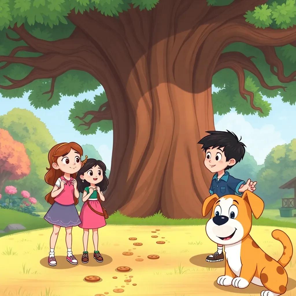 Sara, Mia, and Leo, looking excitedly at a big oak tree, standing outside with crumbs leading to it, playful puppy Max peeking out with cookies, colorful park background, illustration, fun and adventurous, cheerful style