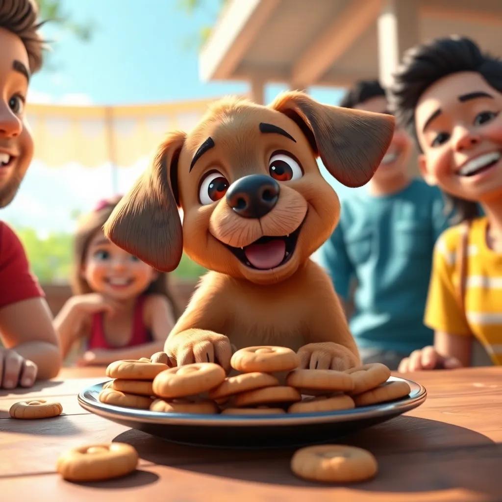 Max, a playful brown puppy with floppy ears, happily munching on dog-friendly cookies laid on a plate, surrounded by smiling friends, sunny outdoor setting, digital art, cute and playful vibe, engaging atmosphere