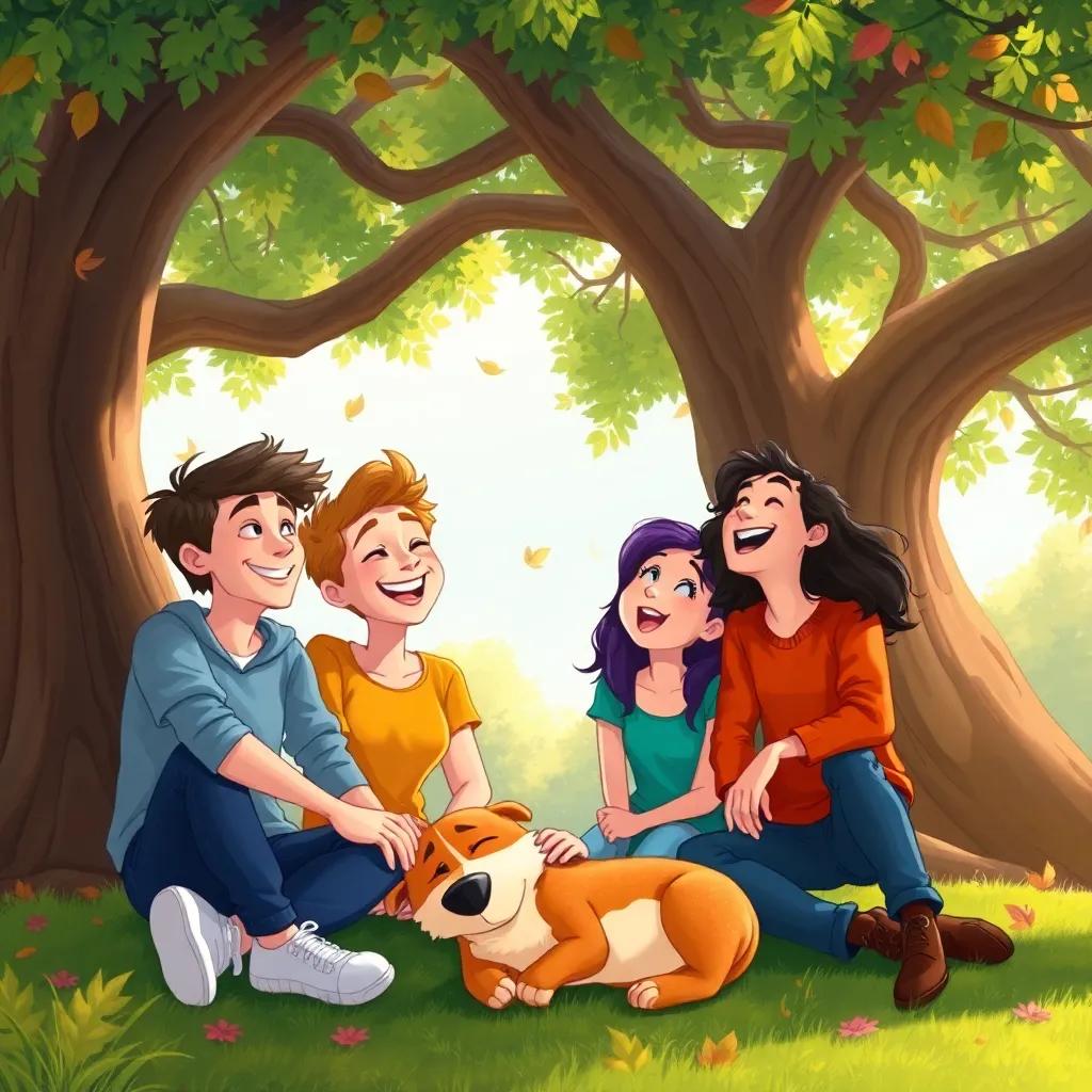 The friends laughing together under the big oak tree, with Max resting by their feet, joy on their faces, colorful leaves fluttering in the breeze, heartwarming scene, illustration, vibrant and friendly