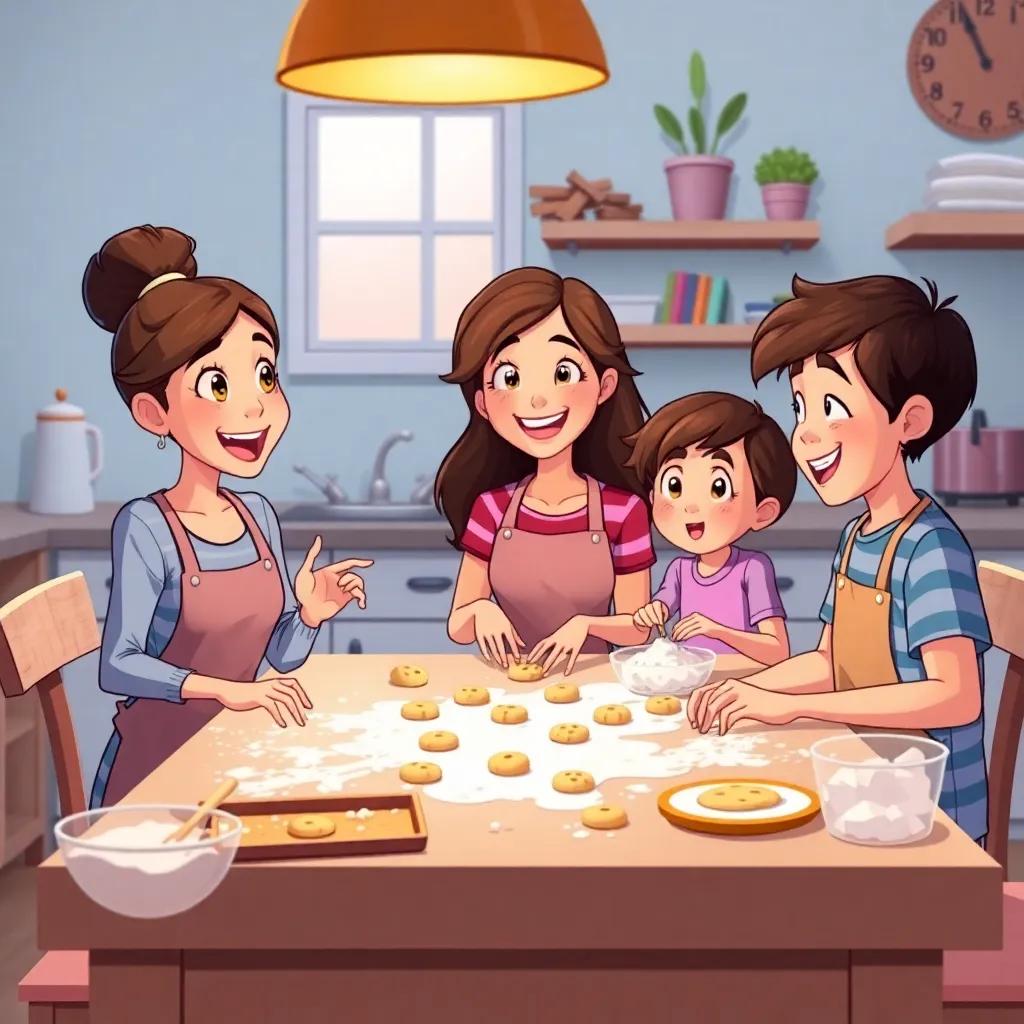 Sara, Mia, and Leo, gathered around the kitchen table with flour and cookie dough, giggling and crafting new cookies for Max, friendly kitchen vibe, vibrant colors, cheerful illustration, fun participation
