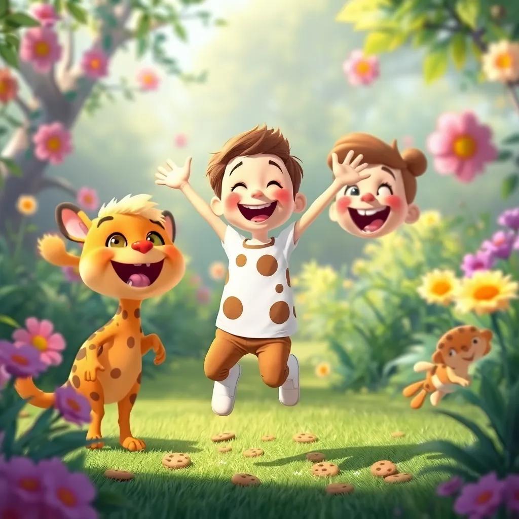 Max happily jumping around after eating the cookies, playfully bouncing next to the joyful friends, feeling loved and accepted, bright garden background, child-friendly digital painting, engaging and fun