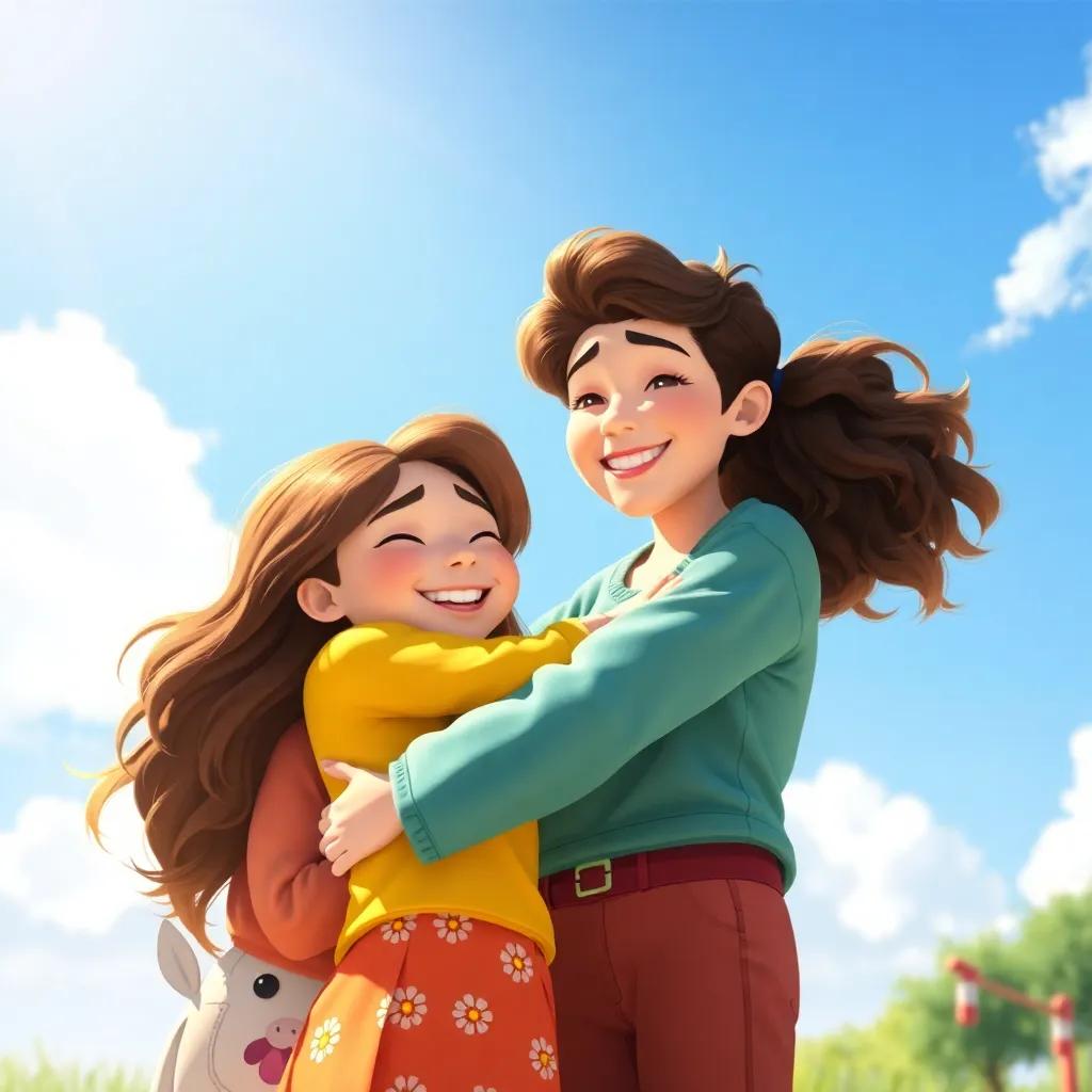 Sara hugging her friends and Max, a sunny day with a blue sky behind them, happiness radiating from their smiles, picture-perfect moment, bright and colorful art, uplifting atmosphere