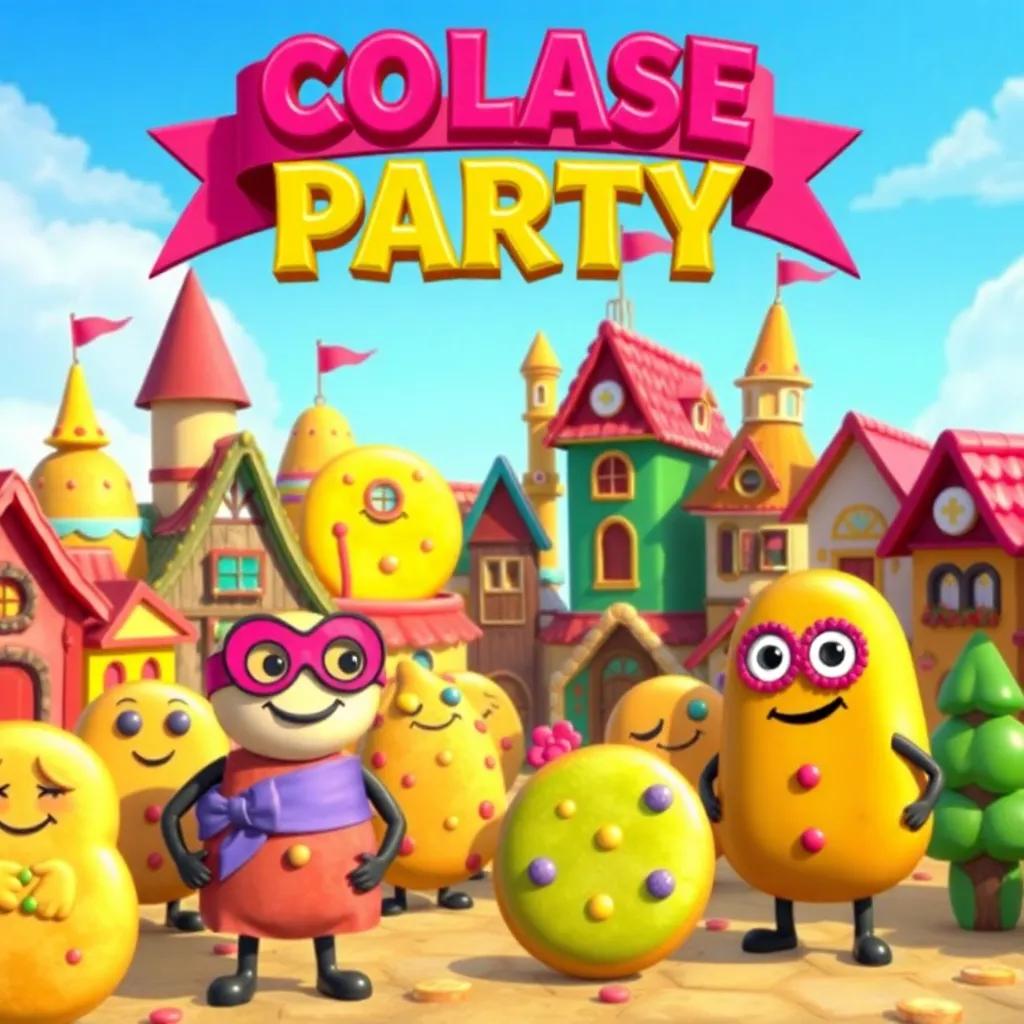 A bright and colorful town of cookies with a blue sky, all cookies with different shapes and sizes getting ready for a masquerade party, cheerful atmosphere, digital art, vibrant colors, festive scene, high quality