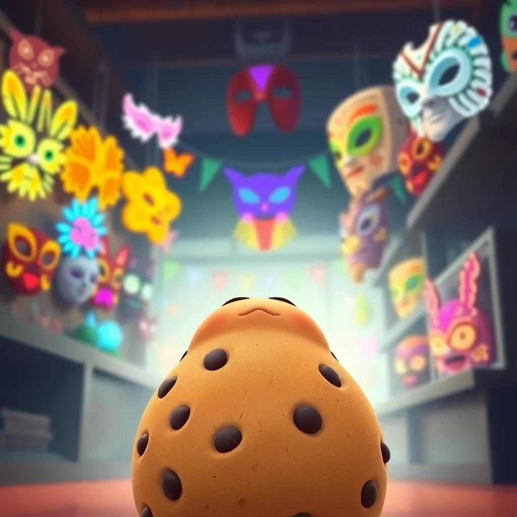 Sam, a round chocolate chip cookie, looking up at a bright shop filled with shiny, colorful masks of different shapes and designs, excitement on his face, warm light, inviting atmosphere, illustration, child-friendly