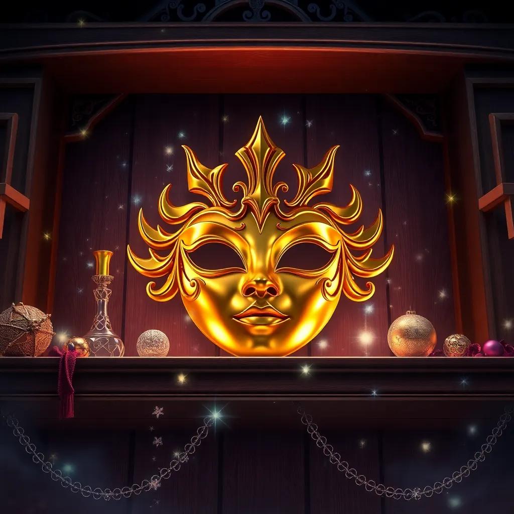 A shiny golden magical mask on a high shelf, surrounded by sparkly decorations, with a magical aura emanating from it, detailed art, mystical ambiance, high quality