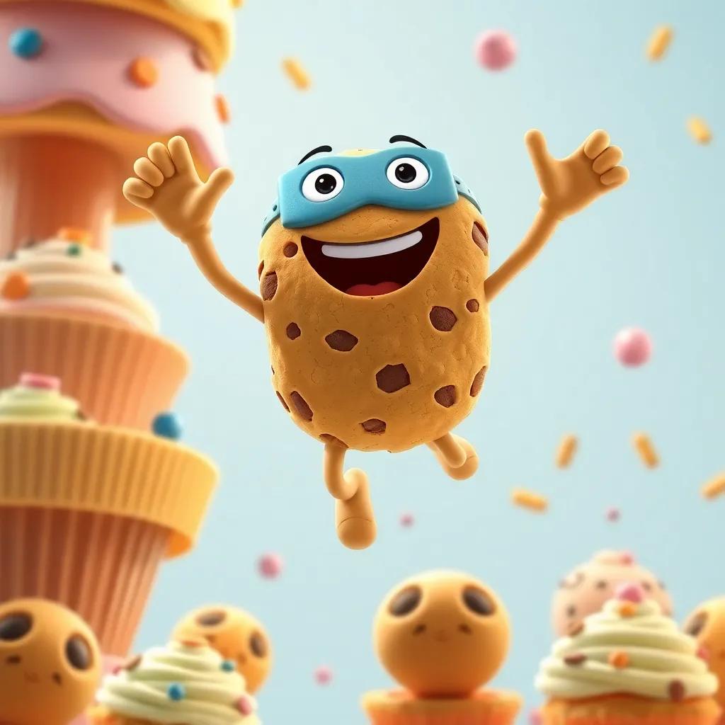 Sam the cookie with the magical mask on, leaping high into the air from a cupcake tower, wearing a happy expression, cookies looking surprised, bright colors, lively scene, digital art, cheerful atmosphere, high quality