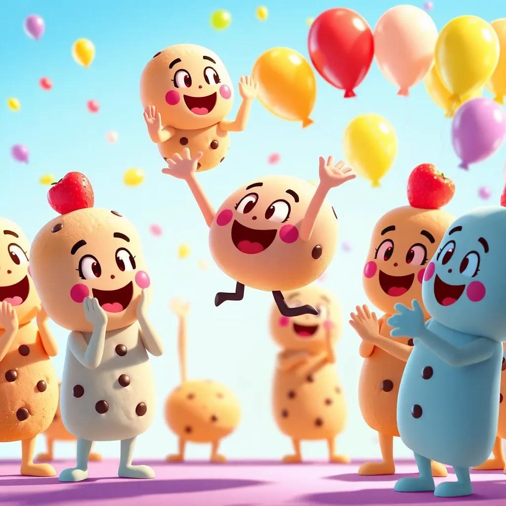 A group of cheerful cookies, including Bella the raspberry cookie, clapping and cheering while looking at Sam jumping in the air, colorful balloons floating around, festive and lively atmosphere, child-friendly illustration