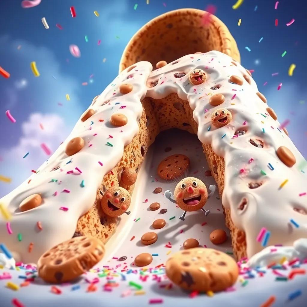 A giant cookie slide made of frosting, cookies sliding down with joy and excitement, colorful sprinkles falling everywhere, vibrant colors, action-filled scene, digital art, fun atmosphere, high quality