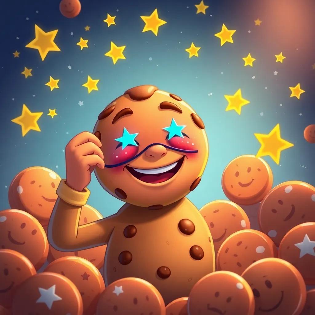 Sam the cookie taking off the magical mask, smiling happily, surrounded by joyful cookies with stars twinkling above, cozy and warm ambiance, heartwarming illustration, high quality