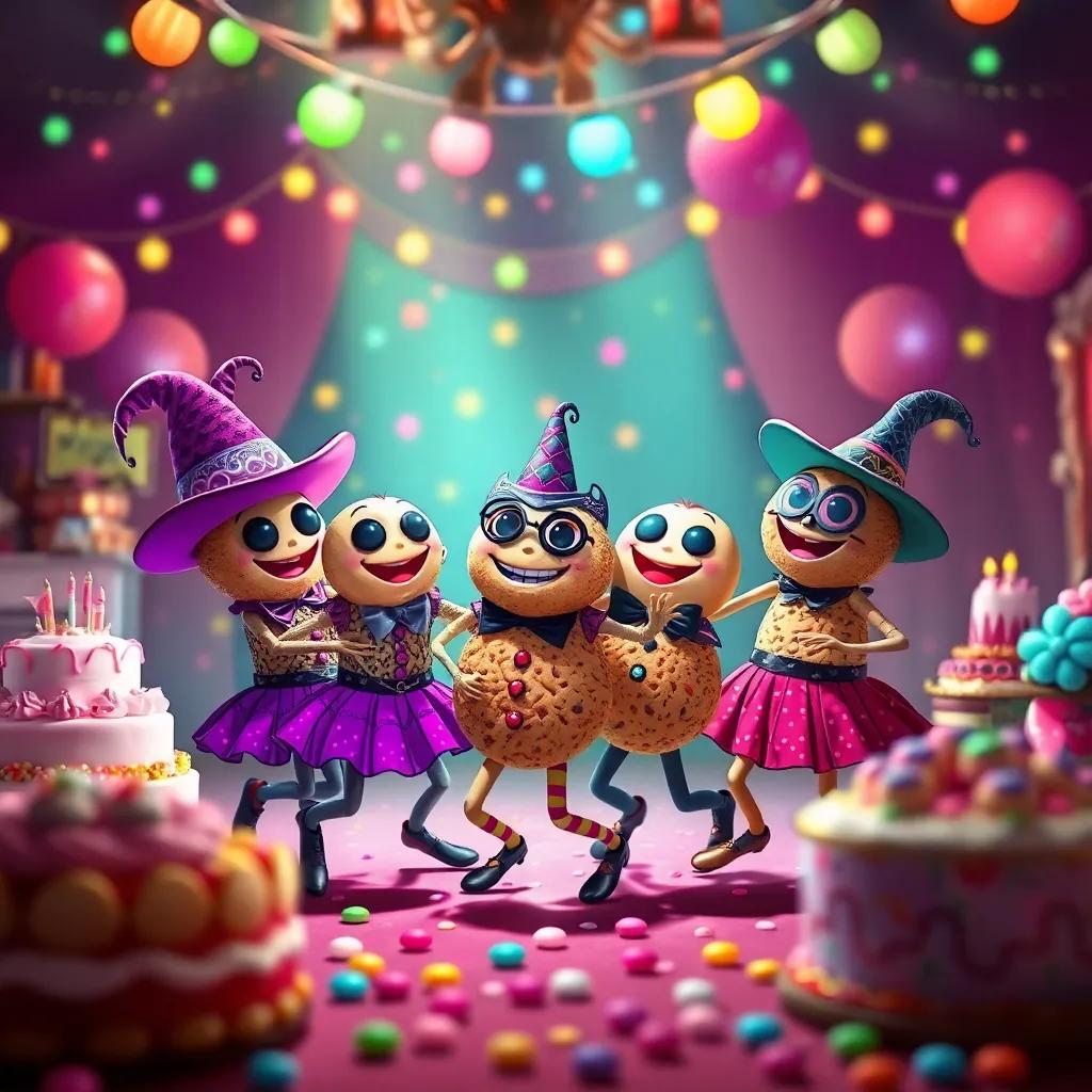 Cookies in masquerade costumes dancing together happily, the party filled with lights and colors, a joyful setting with cake and candy everywhere, enchanting atmosphere, digital art, vibrant and lively scene