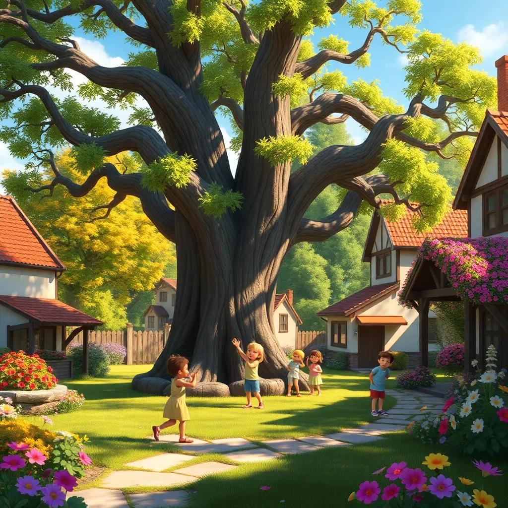 A sunny day in a village with children playing around a big oak tree, colorful flowers blooming and laughter in the air, digital art, vibrant colors, cheerful atmosphere, high quality