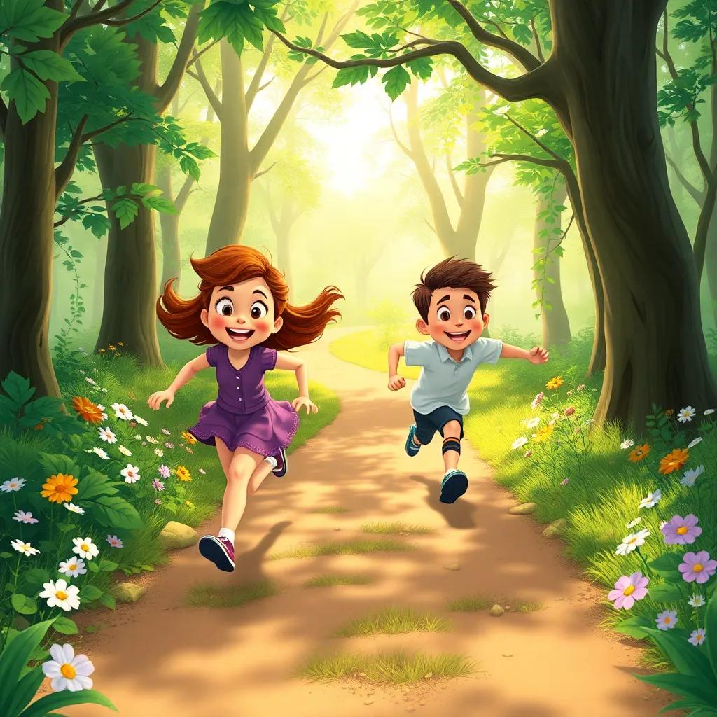 A race along a winding forest path with Maya and Sam running joyfully, surrounded by trees and flowers, sunlight filtering through leaves, illustration, energetic, child-friendly