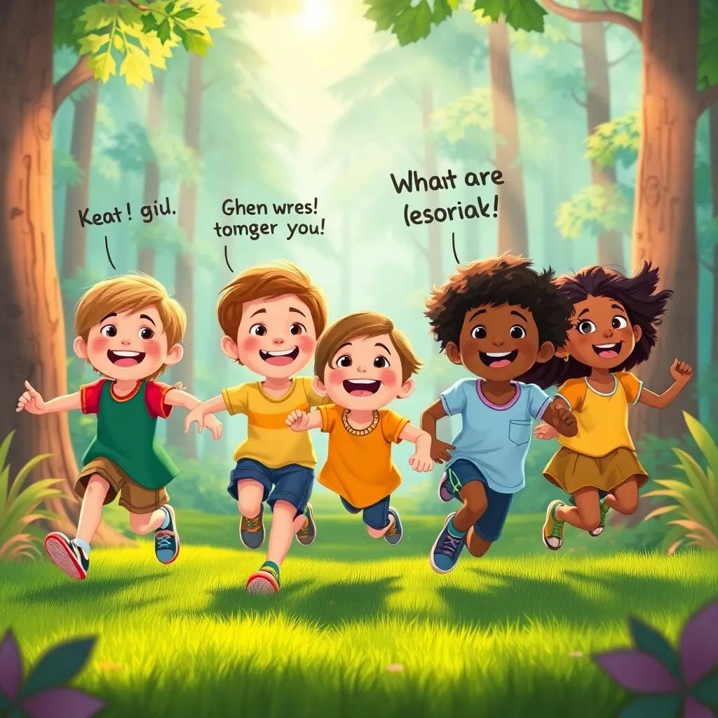 Children running together with smiles, shouting encouraging words, vibrant forest backdrop with sunbeams, illustration, lively, immersive