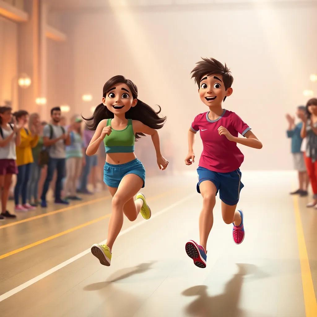 Maya and Sam racing while explaining their bodies' amazing traits, showcasing their legs and arches, surrounded by friends cheering, warm light, inspiring atmosphere