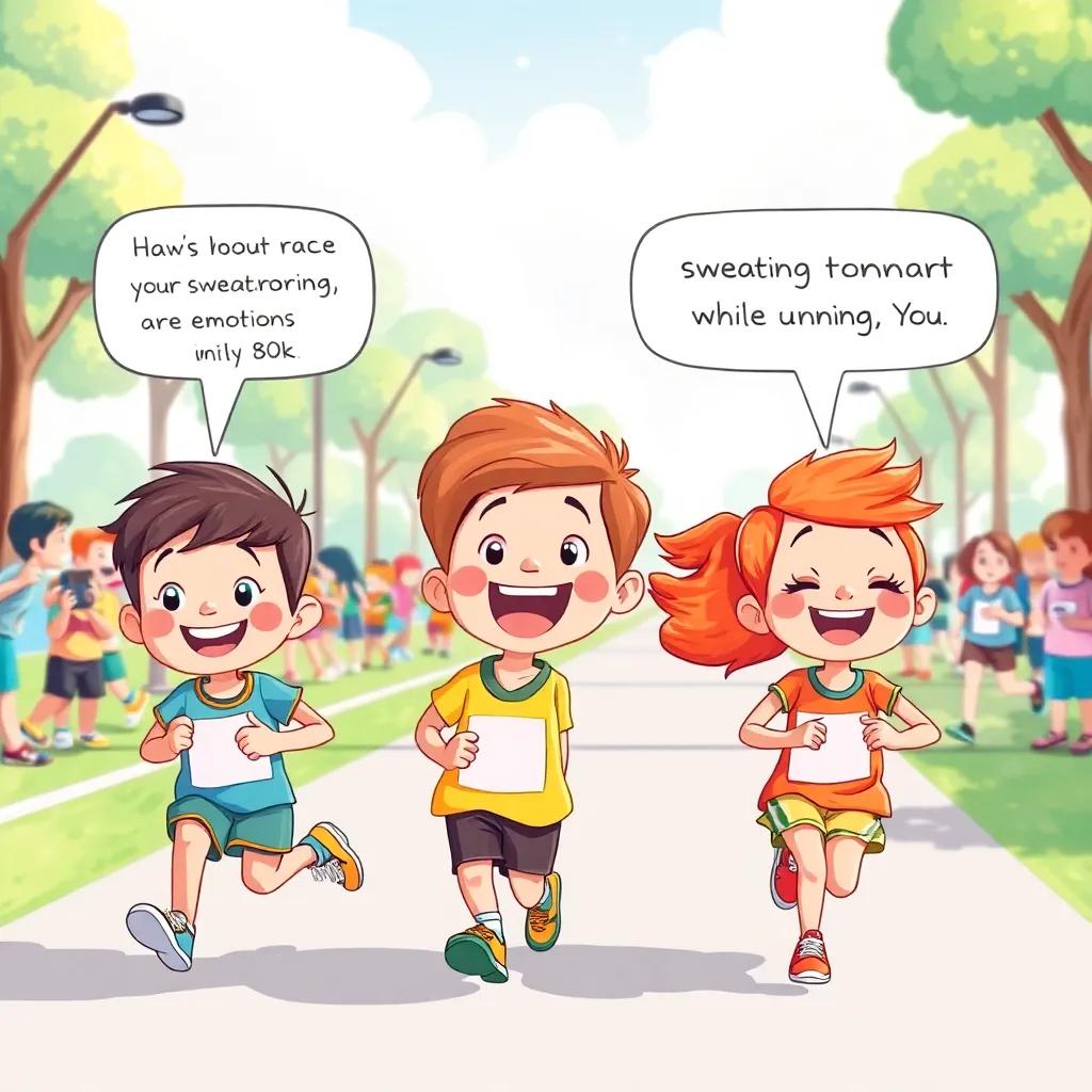 Children enjoying their race, talking about sweating and emotions while running, playful expressions, colorful scenery, cheerful vibe, illustration