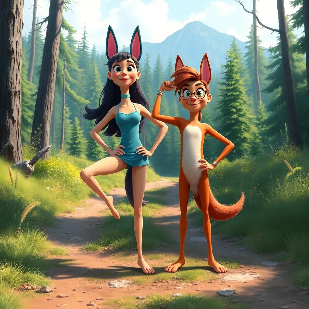 Maya and Sam demonstrating their strong legs and long arches, standing proudly by a forest trail, digital painting, bright colors, action-filled moment