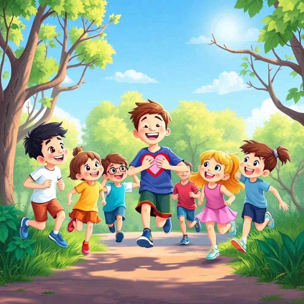 Children discussing their heart strength after running, with enthusiasm and pride, surrounded by trees and sunlight, child-friendly art, vibrant