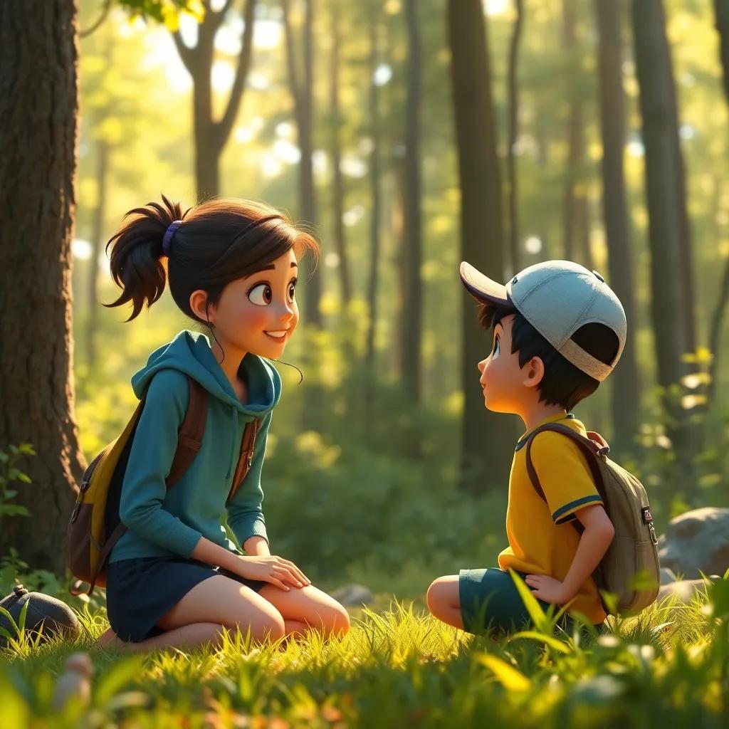 Maya explaining their history of endurance running to Sam in a lively forest scene, warm sunlight shining through, engaging, engaging children in nature setting