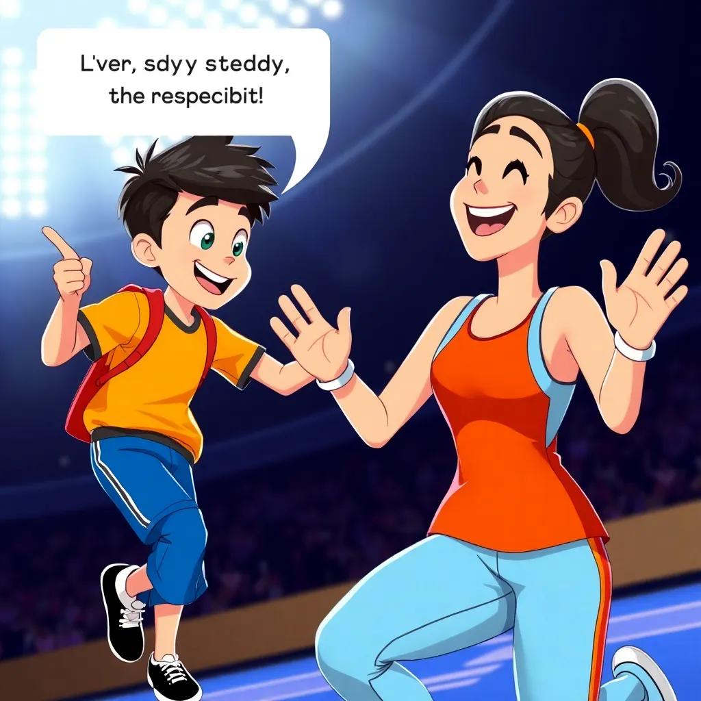 Sam pointing out how steady his head is while Maya cheers him on, with a focus on their joyful expressions and athletic energy, dynamic scene, colorful