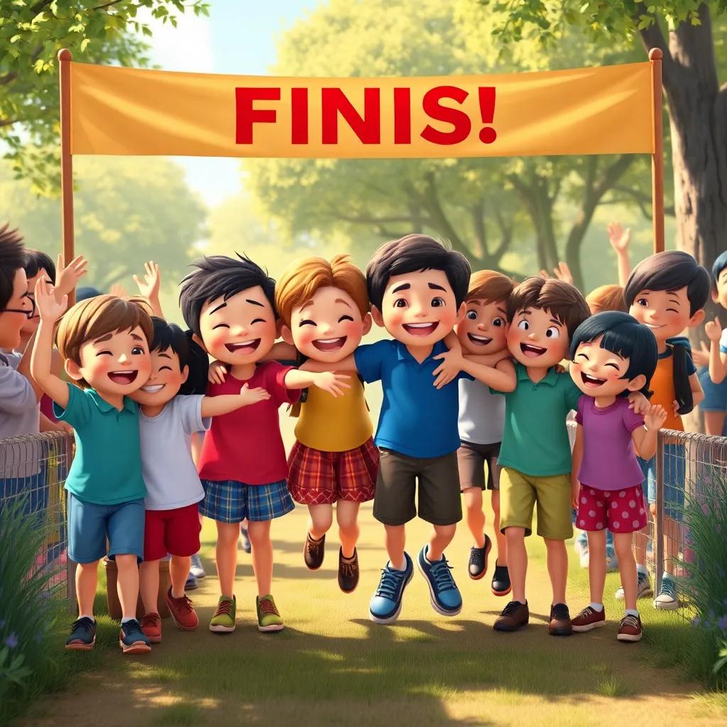 A joyful group finish line scene with children hugging and cheering, surrounded by nature, bright colors, heartwarming atmosphere, digital art