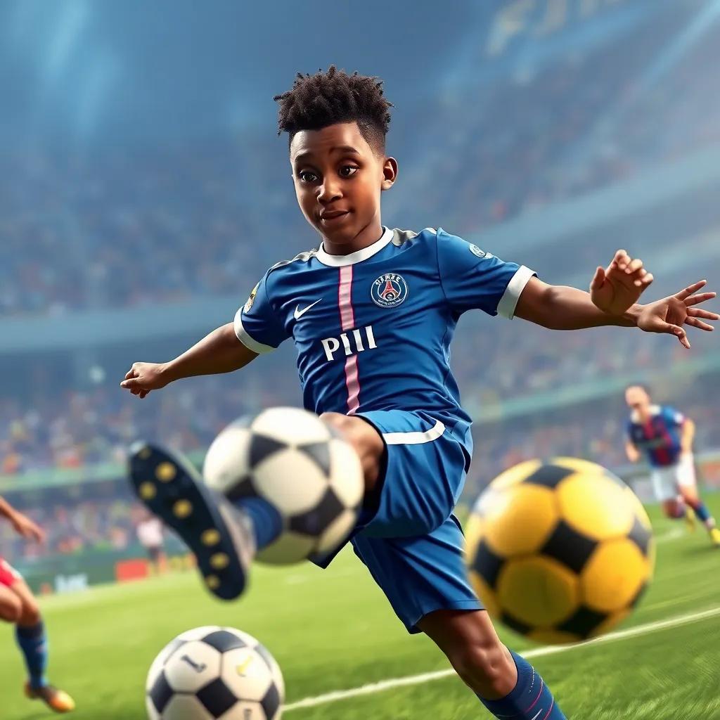 Dembele, a young African player with short curly hair wearing a blue PSG jersey, kicking the football with incredible speed. The ball zooms past the defenders aiming for the goal, stadium background, action-packed, colorful, dynamic view, digital art, high quality
