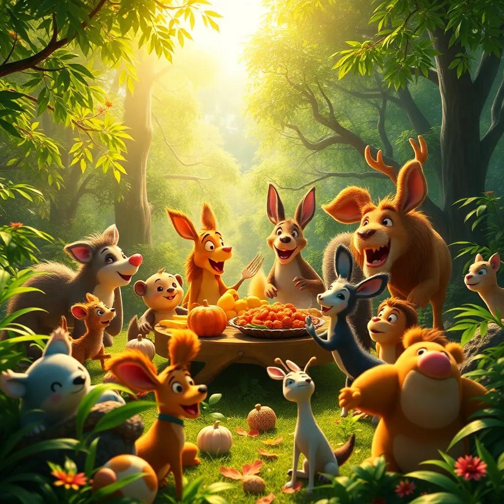A lush green forest filled with sunlight, with various animals gathering together excitedly for a feast, vibrant and lively atmosphere, high quality