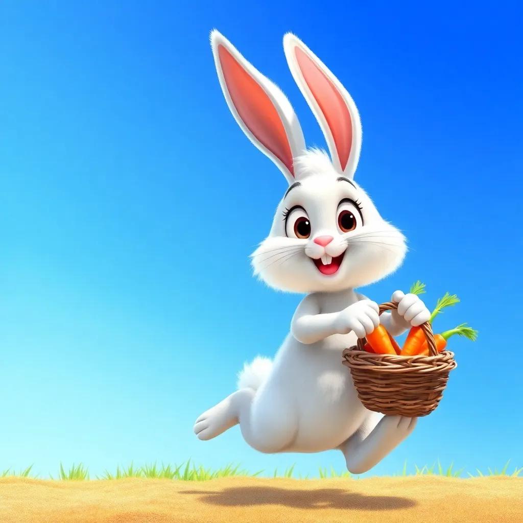 Benny the bunny, a fluffy white bunny with expressive eyes, hopping joyfully with a basket of orange carrots, under a clear blue sky, illustration, inviting and warm